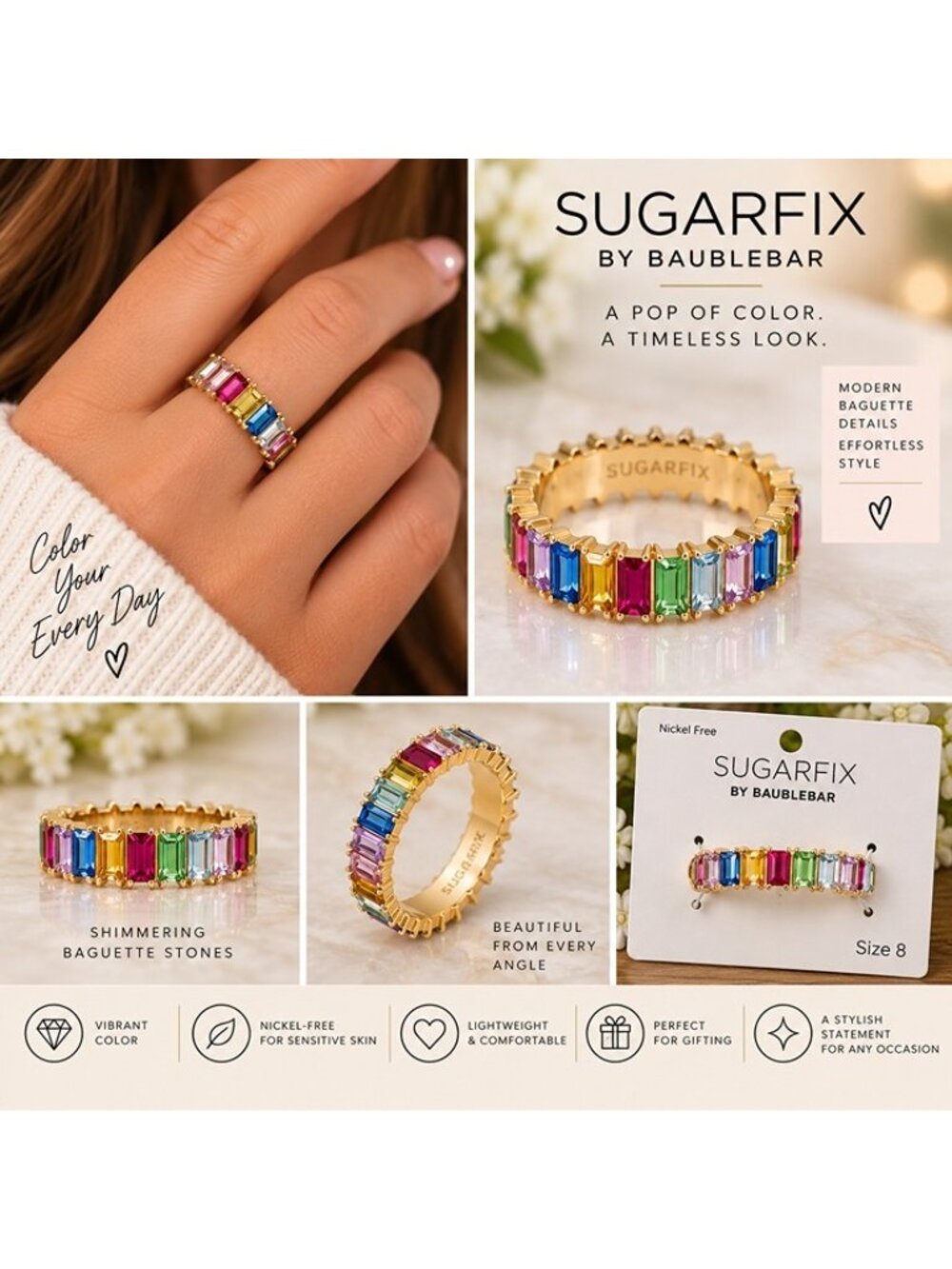 SUGARFIX by BaubleBar Multicolor Crystal Baguette Statement Ring Size 8